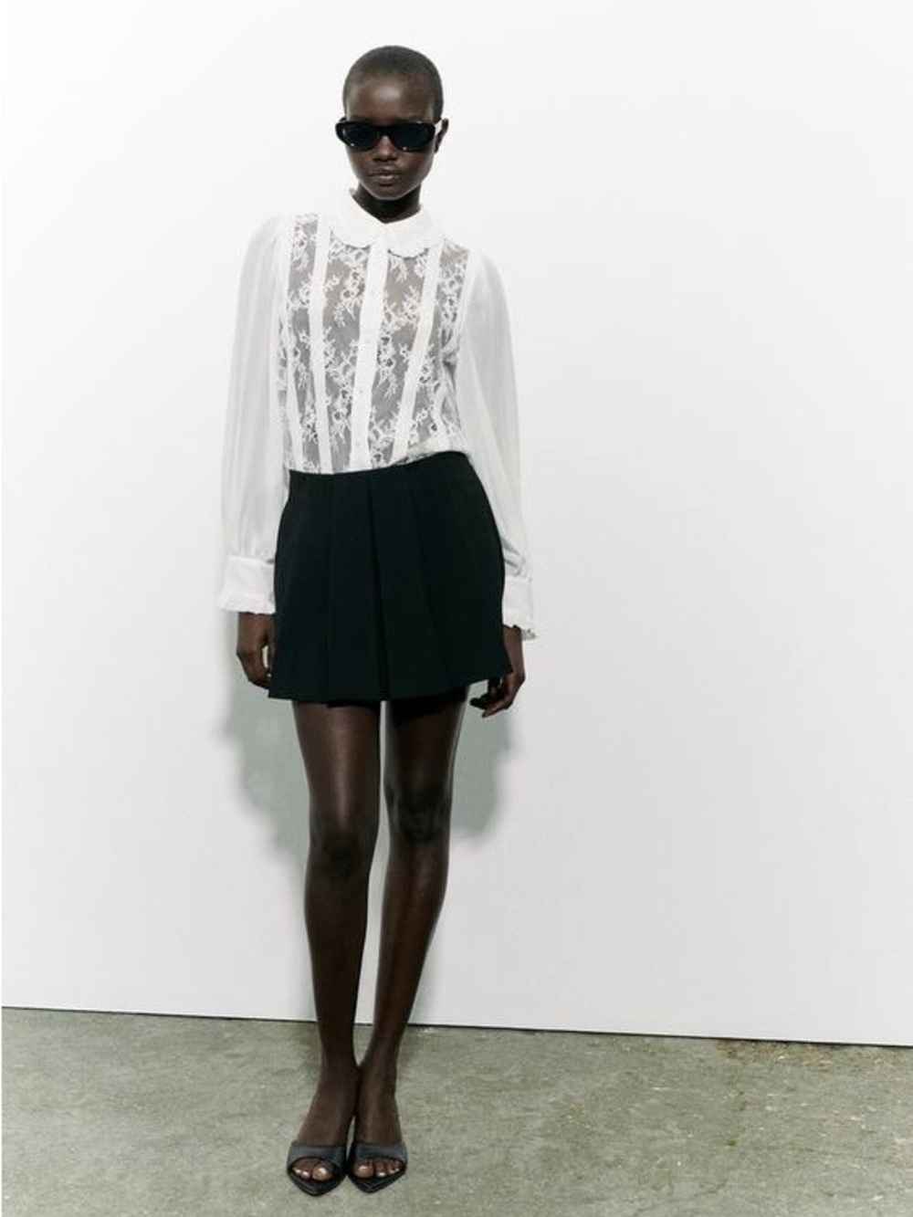 Zara Sheer Lace Panel White Blouse with Long Sleeves